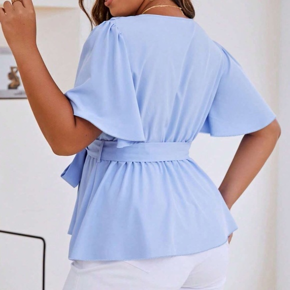 Plus Colorful Surplice Butterfly Sleeve Belted Blouse - Picture 3 of 6